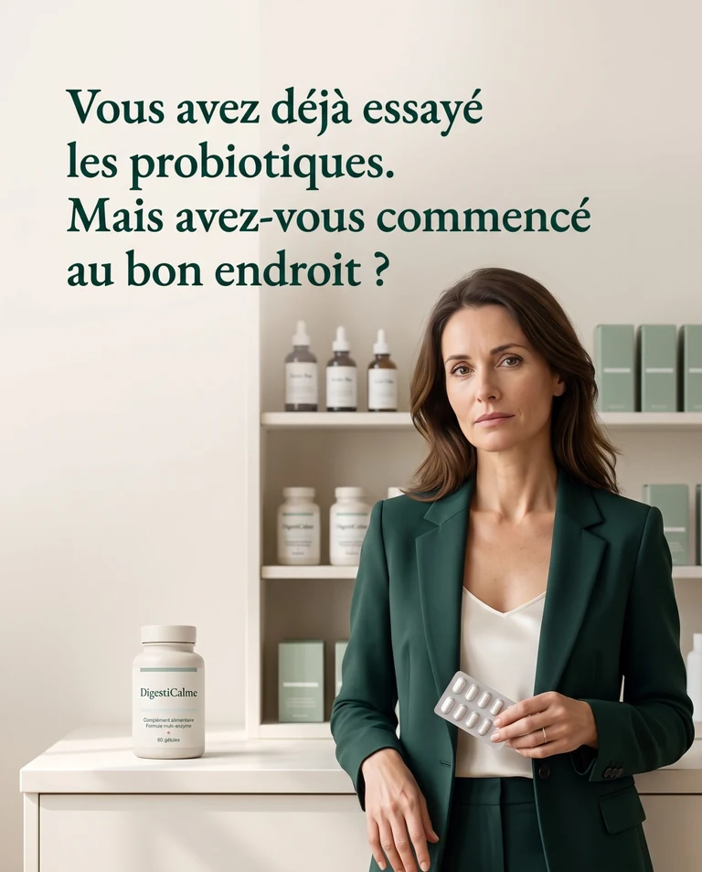 Femme ayant déjà essayé des probiotiques, invitée à considérer un autre point de départ digestif.