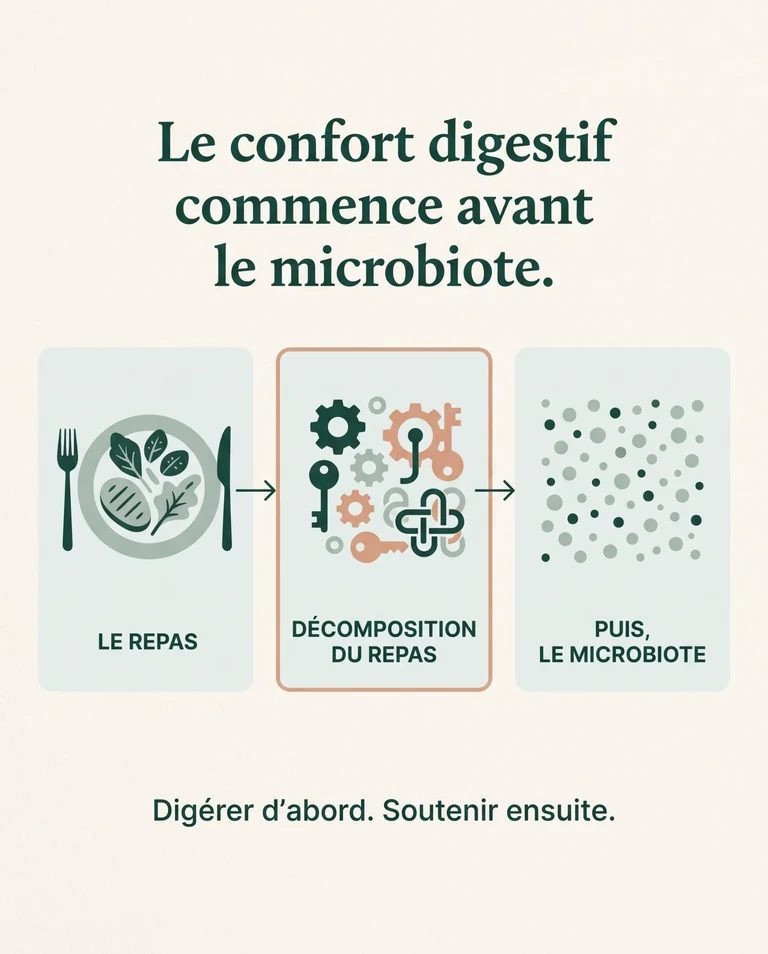 Infographie DigestiCalme : le repas, la décomposition du repas, puis le microbiote, sous le message « Le confort digestif commence avant le microbiote. »