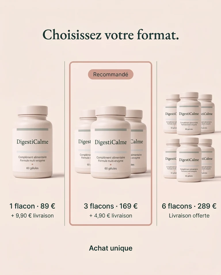 Les formats DigestiCalme : 1 flacon à 89 € + 9,90 € de livraison, 3 flacons recommandés à 169 € + 4,90 € de livraison, et 6 flacons à 289 € avec livraison offerte.
