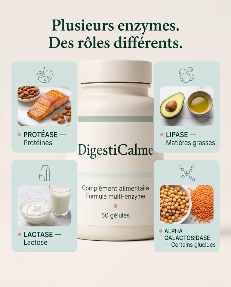 Visuel DigestiCalme présentant quatre familles d’enzymes : protéase, lipase, lactase et alpha-galactosidase, avec leurs composants alimentaires associés.