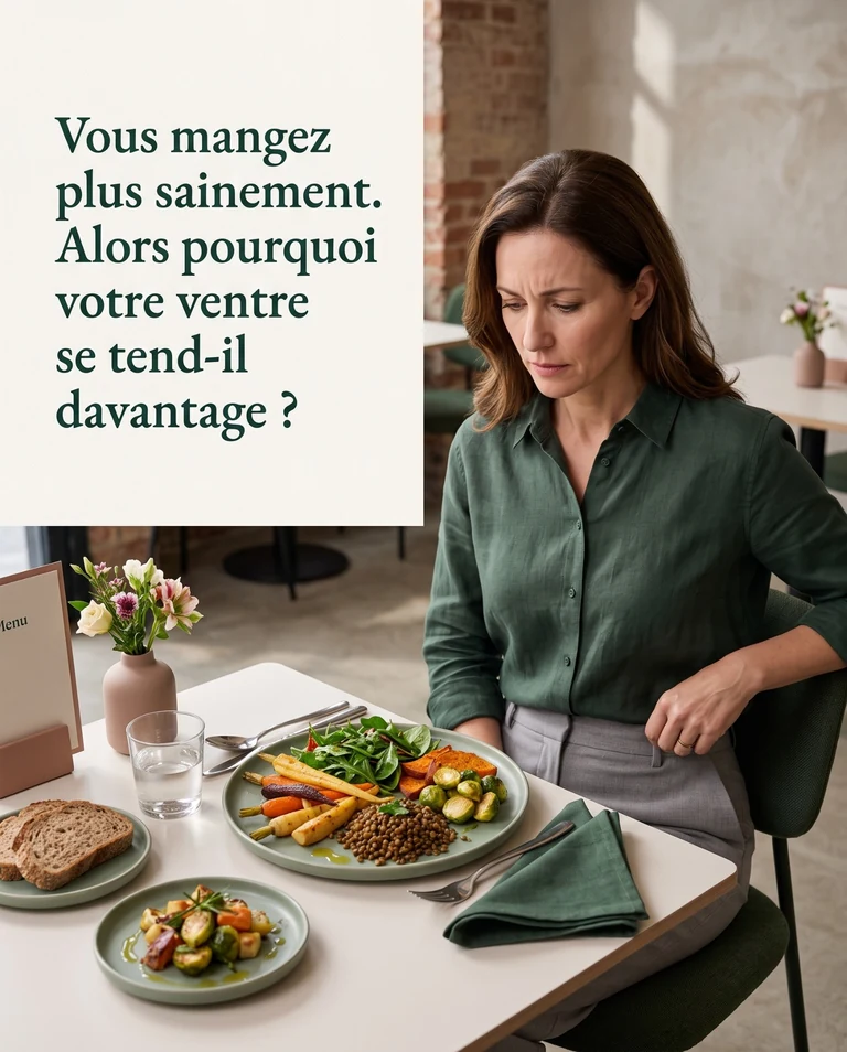Femme devant un repas équilibré, illustrant le paradoxe d’un ventre tendu malgré une alimentation saine.