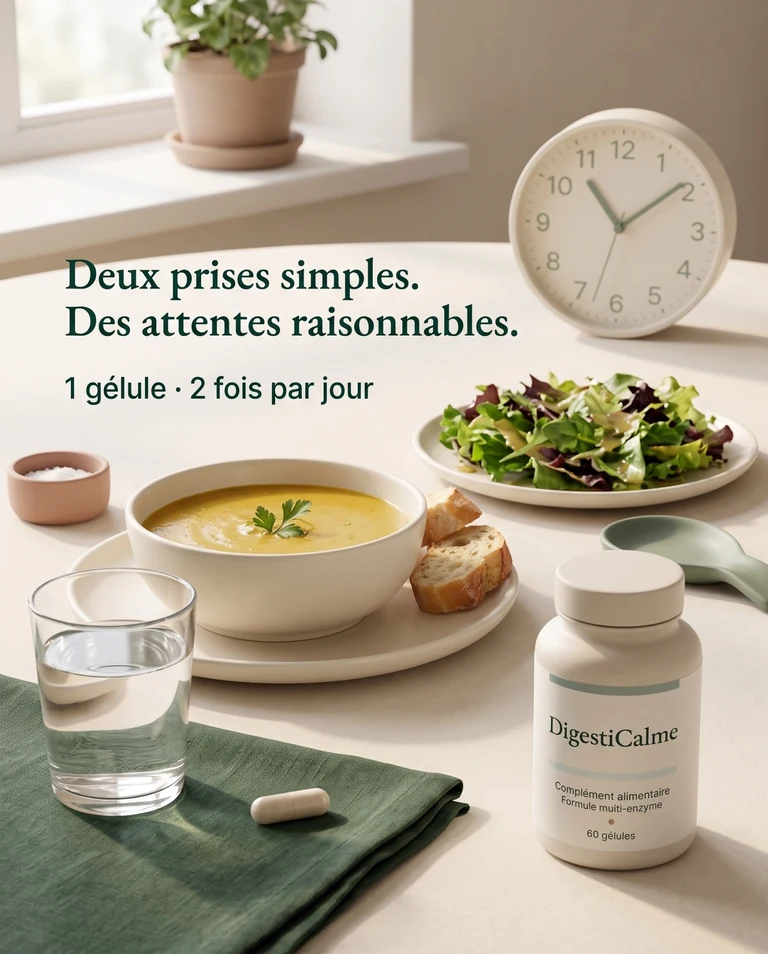 Routine DigestiCalme avec une gélule, de l’eau et un repas, deux prises simples par jour.
