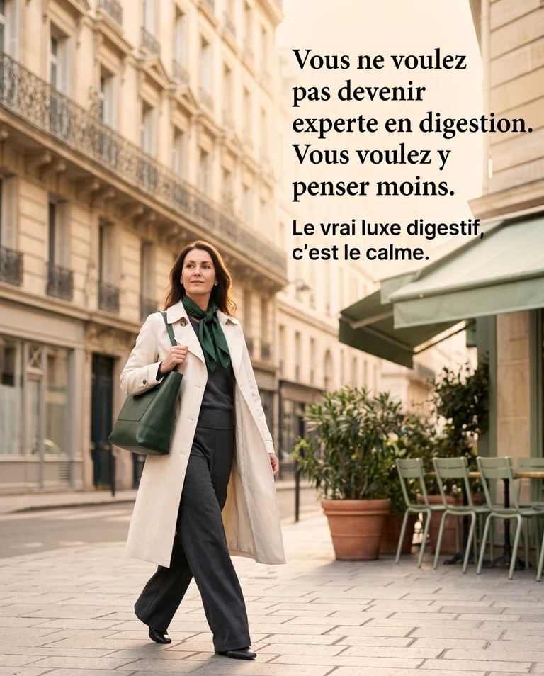 Femme marchant dans une rue parisienne, évoquant une journée vécue avec plus de liberté et moins d’attention portée au ventre.