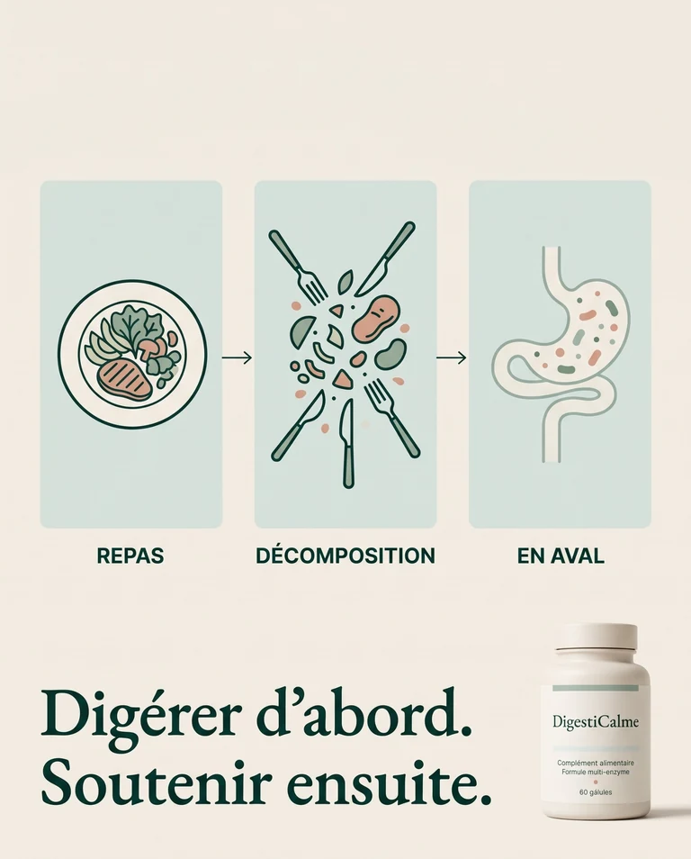 Schéma DigestiCalme : repas, décomposition, puis étapes en aval, avec le message « Digérer d’abord. Soutenir ensuite. »