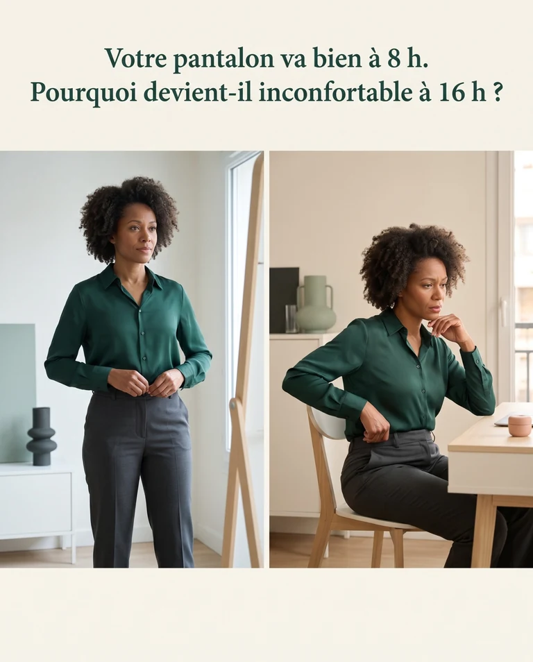 Même tenue le matin et à 16 h, illustrant l’inconfort progressif de la taille du pantalon.