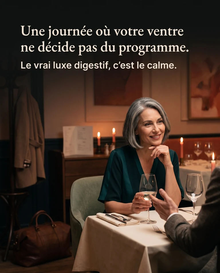 Femme au restaurant, détendue dans la conversation, sous le message « Une journée où votre ventre ne décide pas du programme. »