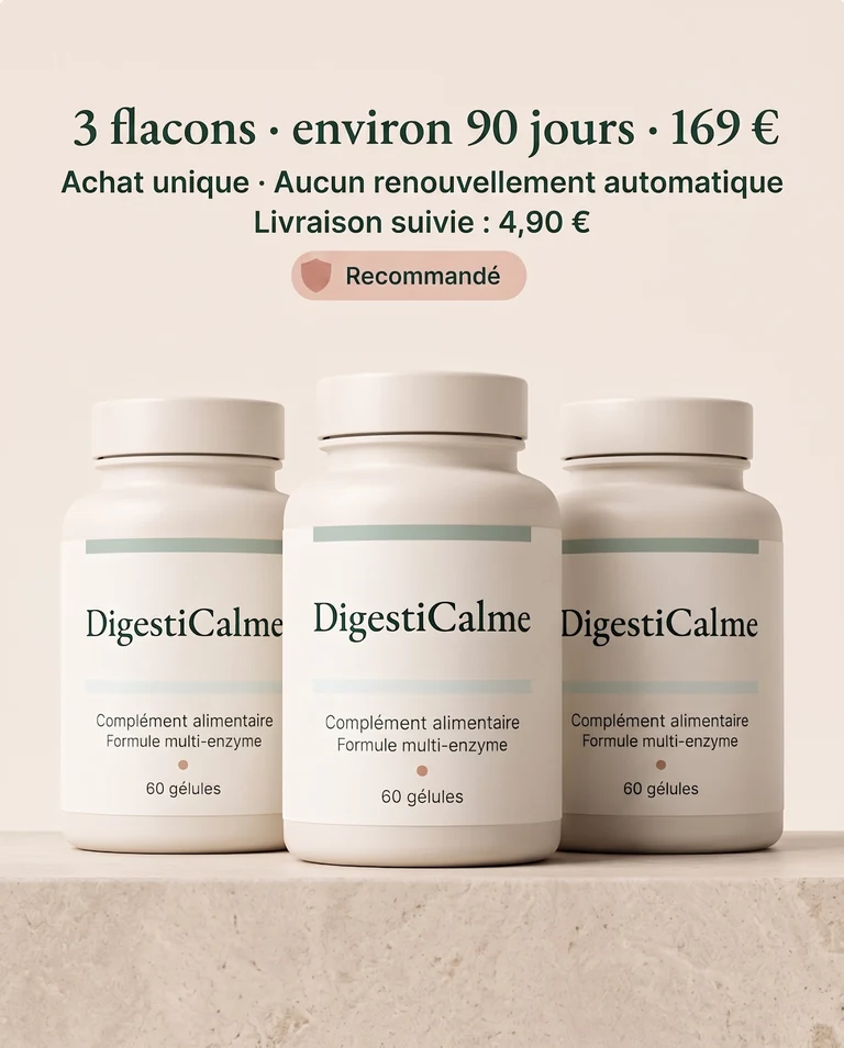 Trois flacons DigestiCalme, environ 90 jours, 169 €, achat unique, aucun renouvellement automatique et livraison suivie à 4,90 €.