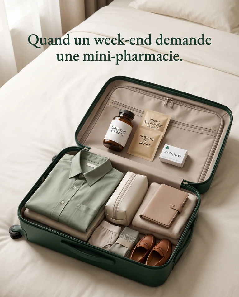 Valise de week-end contenant quelques solutions digestives de secours, illustrant la charge mentale liée au voyage.